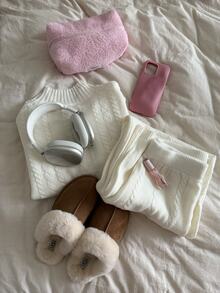 SHEIN EZwear 女士纯色圆领长袖简约上衣和裤子休闲套装，适合秋冬季穿着 - 白色 - 查看 7