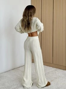 SHEIN EZwear 女士纯色圆领长袖简约上衣和裤子休闲套装，适合秋冬季穿着 - 白色 - 查看 2