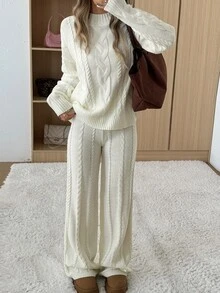 SHEIN EZwear 女士纯色圆领长袖简约上衣和裤子休闲套装，适合秋冬季穿着 - 白色 - 查看 4