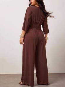 Enliva Plus-Size Women's Dark Brown Elegant Casual Fitted Waist Wide-Leg Jumpsuit, A Retro Banquet Outfit Autumn Brunch Formal Vacation - Brown - View 2