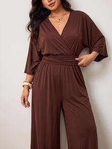 Enliva Plus-Size Women's Dark Brown Elegant Casual Fitted Waist Wide-Leg Jumpsuit, A Retro Banquet Outfit Autumn Brunch Formal Vacation - Brown - View 6