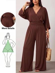 Enliva Plus-Size Women's Dark Brown Elegant Casual Fitted Waist Wide-Leg Jumpsuit, A Retro Banquet Outfit Autumn Brunch Formal Vacation - Brown - View 1