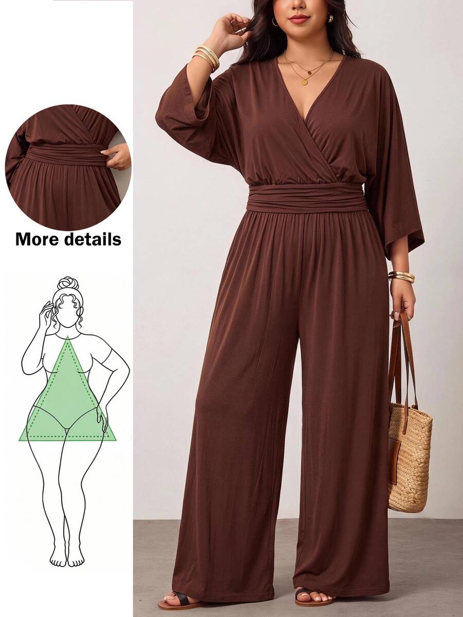 Enliva Plus-Size Women's Dark Brown Elegant Casual Fitted Waist Wide-Leg Jumpsuit, A Retro Banquet Outfit Autumn Brunch Formal Vacation - Brown - View 1