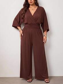 Enliva Plus-Size Women's Dark Brown Elegant Casual Fitted Waist Wide-Leg Jumpsuit, A Retro Banquet Outfit Autumn Brunch Formal Vacation - Brown - View 5
