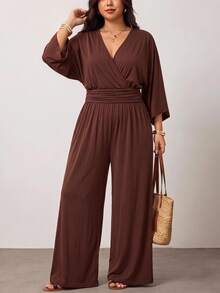 Enliva Plus-Size Women's Dark Brown Elegant Casual Fitted Waist Wide-Leg Jumpsuit, A Retro Banquet Outfit Autumn Brunch Formal Vacation - Brown - View 3