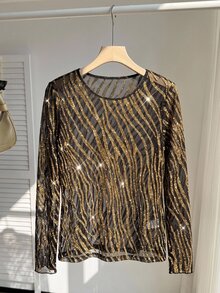 Comfylo Plus Size Women Zebra Print Mesh Round Neck Long Sleeve Fashion Top - Gold - View 8
