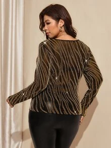 Comfylo Plus Size Women Zebra Print Mesh Round Neck Long Sleeve Fashion Top - Gold - View 3