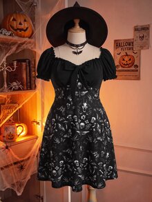 Comfortcana Plus Size Casual Dark Print Patchwork Lace-Up Dress - Black - View 7