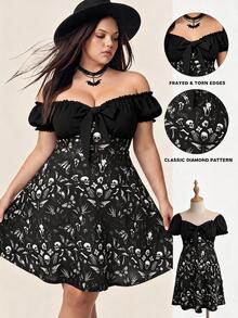 Comfortcana Plus Size Casual Dark Print Patchwork Lace-Up Dress - Black - View 9