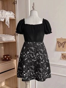 Comfortcana Plus Size Casual Dark Print Patchwork Lace-Up Dress - Black - View 3