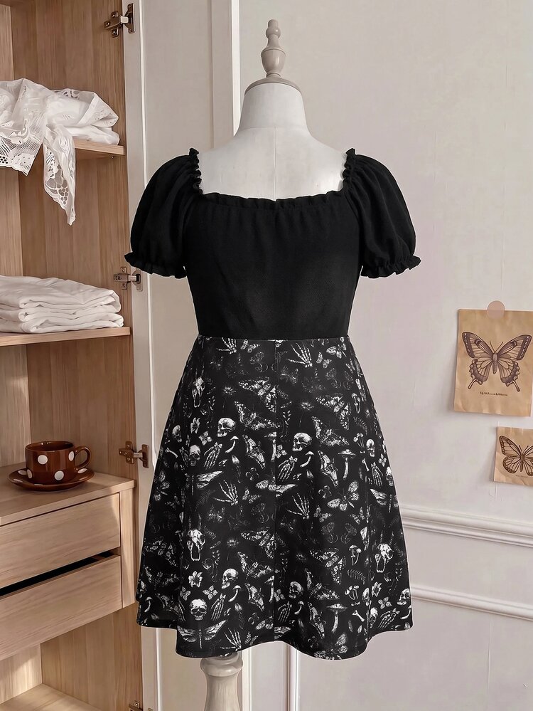 Comfortcana Plus Size Casual Goth Kawaii Black Print Patchwork Lace-Up Dress Halloween Party Summer - Black - View 3