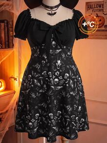 Comfortcana Plus Size Casual Dark Print Patchwork Lace-Up Dress - Black - View 1