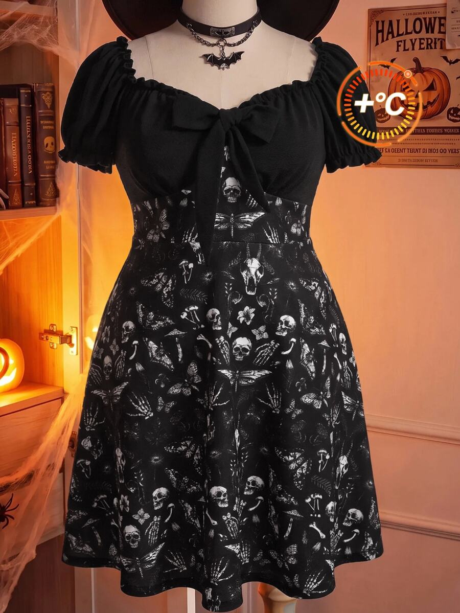 Comfortcana Plus Size Casual Dark Print Patchwork Lace-Up Dress - Black - View 1