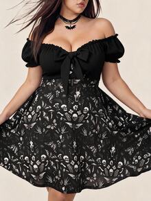 Comfortcana Plus Size Casual Dark Print Patchwork Lace-Up Dress - Black - View 8