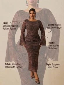 Travachic CURVE+ Brown Paisley Print Round Neck Flare Sleeve Dress , Ruched Bodycon Elegant Dress For Party Fall,2026 Fall Winter Dress,Holiday Dress - Brown - View 2
