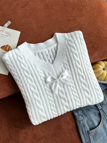 SHEIN Tween Girls' Autumn/Winter White Bow V-Neck Pullover Sweater, Elegant Knitted Long Sleeve Top - White - View 5