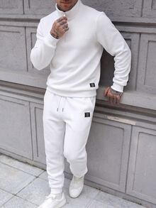 Manfinity Homme Men's Knitted Jacquard Solid Color Textured White Zipper Leather Patch Cuff Hem Leg Opening White Ribbed Pullover Sweatshirt Set - White - View 3