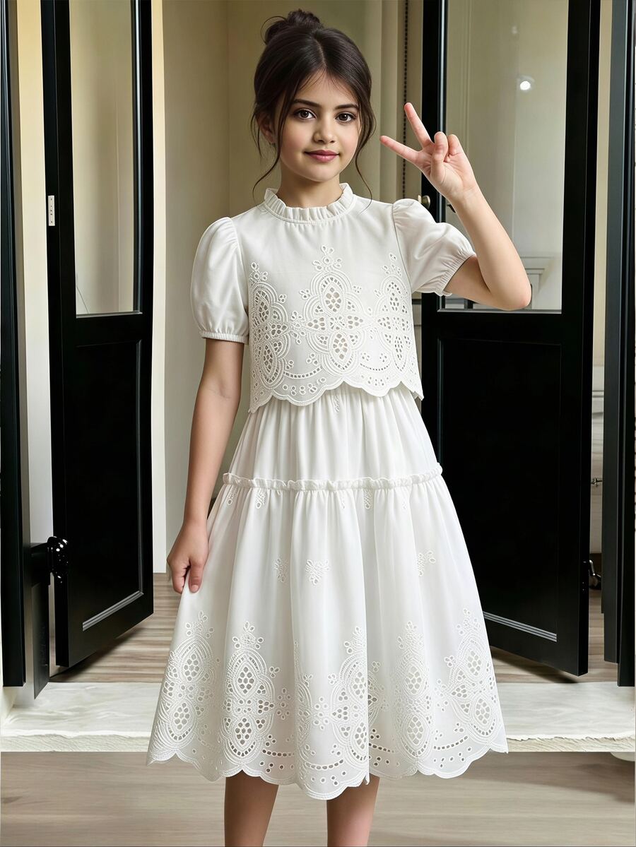 SHEIN Tween Girls 2pcs/Set Children's All White Summer Tea Party Holiday Wedding Korean Fashion Cute Western Short Sleeved Mori Style Top Mini Skirt - White - View 1