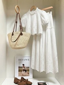 SHEIN Tween Girls 2pcs/Set Children's All White Summer Tea Party Holiday Wedding Korean Fashion Cute Western Short Sleeved Mori Style Top Mini Skirt - White - View 6