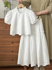 SHEIN Tween Girls 2pcs/Set Children's All White Summer Tea Party Holiday Wedding Korean Fashion Cute Western Short Sleeved Mori Style Top Mini Skirt - White - View 2
