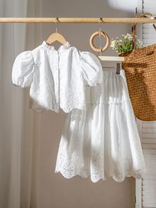 SHEIN Tween Girls 2pcs/Set Children's All White Summer Tea Party Holiday Wedding Korean Fashion Cute Western Short Sleeved Mori Style Top Mini Skirt - White - View 8