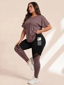 Rhythm Era Plus Size Sports Tee & Mesh Insert Sports Leggings With Phone Pocket Workout Women Set - Mauve Purple - View 4