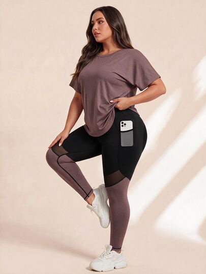 Rhythm Era Plus Size Sports Tee & Mesh Insert Sports Leggings With Phone Pocket Workout Women Set