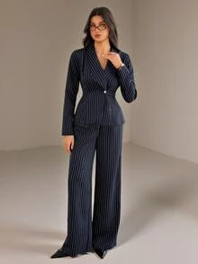SHEIN Tall Women's Navy Blue Long-Sleeve Business Suit Set (Two Pieces) For Summer Office Business Elegant Casual - Navy Blue - View 7