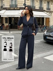SHEIN Tall Women's Navy Blue Long-Sleeve Business Suit Set (Two Pieces) For Summer Office Business Elegant Casual - Navy Blue - View 1