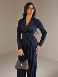 SHEIN Tall Women's Navy Blue Long-Sleeve Business Suit Set (Two Pieces) For Summer Office Business Elegant Casual - Navy Blue - View 10