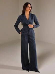 SHEIN Tall Women's Navy Blue Long-Sleeve Business Suit Set (Two Pieces) For Summer Office Business Elegant Casual - Navy Blue - View 8
