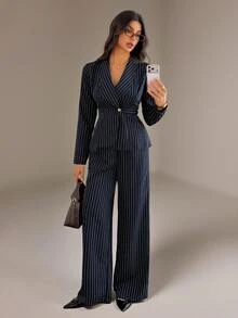 SHEIN Tall Women's Navy Blue Long-Sleeve Business Suit Set (Two Pieces) For Summer Office Business Elegant Casual - Navy Blue - View 6