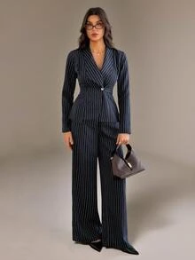 SHEIN Tall Women's Navy Blue Long-Sleeve Business Suit Set (Two Pieces) For Summer Office Business Elegant Casual - Navy Blue - View 9