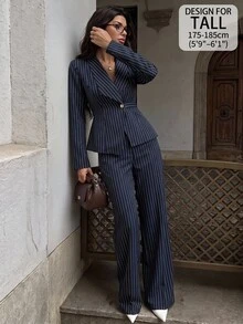 SHEIN Tall Women's Navy Blue Long-Sleeve Business Suit Set (Two Pieces) For Summer Office Business Elegant Casual - Navy Blue - View 3