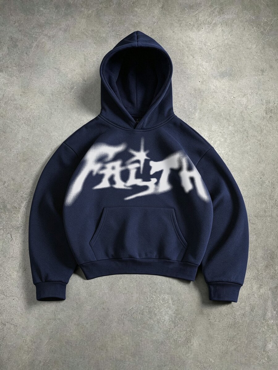 STYNVO 男士字母印花長袖口袋休閒連帽衫 - 藏蓝色 - 查看 1