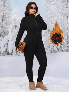 Comfylo جمبسوت نسائي مقاس كبير، أكمام طويلة، بنطال طويل، رقبة نصف عالية، سحاب أمامي، طبقة داخلية مضلعة مرنة ومريحة ضيقة، كاجوال - الأسود - مشاهدة 8