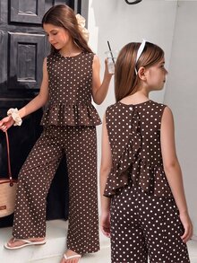 SHEIN Sparklyn طقم بناتي للمراهقات 2 قطعة/مجموعة، كاجوال للعطلات والتنقل اليومي، توب بدون أكمام بياقة دائرية وحافة مكشكشة بطبعة نقاط بولكا، مع بنطال طويل فضفاض، صيفي - متعدد الألوان - مشاهدة 1