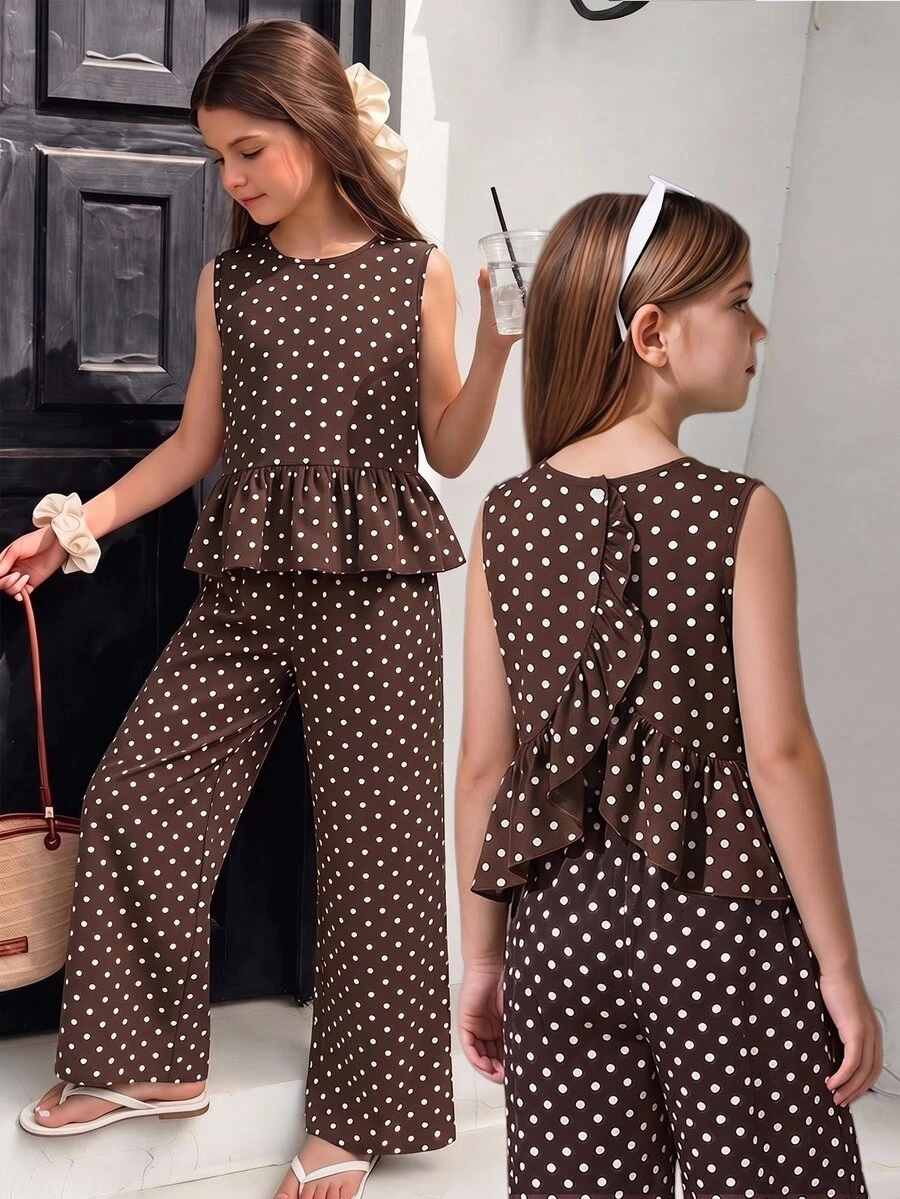 SHEIN Sparklyn طقم بناتي للمراهقات 2 قطعة/مجموعة، كاجوال للعطلات والتنقل اليومي، توب بدون أكمام بياقة دائرية وحافة مكشكشة بطبعة نقاط بولكا، مع بنطال طويل فضفاض، صيفي - متعدد الألوان - مشاهدة 1