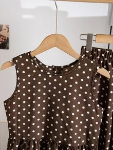 SHEIN Sparklyn طقم بناتي للمراهقات 2 قطعة/مجموعة، كاجوال للعطلات والتنقل اليومي، توب بدون أكمام بياقة دائرية وحافة مكشكشة بطبعة نقاط بولكا، مع بنطال طويل فضفاض، صيفي - متعدد الألوان - مشاهدة 7