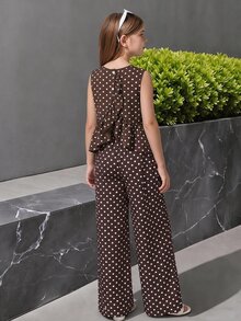 SHEIN Sparklyn طقم بناتي للمراهقات 2 قطعة/مجموعة، كاجوال للعطلات والتنقل اليومي، توب بدون أكمام بياقة دائرية وحافة مكشكشة بطبعة نقاط بولكا، مع بنطال طويل فضفاض، صيفي - متعدد الألوان - مشاهدة 2