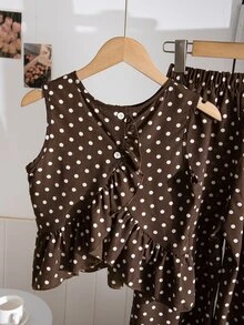 SHEIN Sparklyn طقم بناتي للمراهقات 2 قطعة/مجموعة، كاجوال للعطلات والتنقل اليومي، توب بدون أكمام بياقة دائرية وحافة مكشكشة بطبعة نقاط بولكا، مع بنطال طويل فضفاض، صيفي - متعدد الألوان - مشاهدة 3