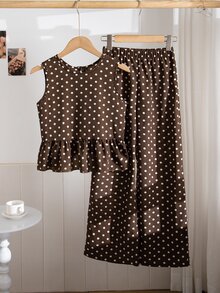 SHEIN Sparklyn طقم بناتي للمراهقات 2 قطعة/مجموعة، كاجوال للعطلات والتنقل اليومي، توب بدون أكمام بياقة دائرية وحافة مكشكشة بطبعة نقاط بولكا، مع بنطال طويل فضفاض، صيفي - متعدد الألوان - مشاهدة 5