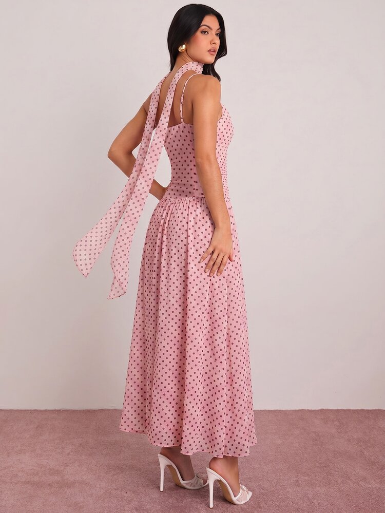 Enchnt Summer Elegant Tropical Pink And Black Polka Dot Vintage French Style Cinched Waist Strap Dress For Women Wedding Vacation Ninang Prom Tea Party - Pink - View 7