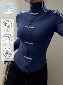 Muchica Women's Spring/Summer New Knit Sporty Style Thin Sun Protection Cardigan With Ribbon And Frog Button Design - Navy Blue - View 6