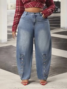 Slaydiva Plus Size Women's Outdoor All-Season Button Decor Side Slit Blue Denim Jeans - Medium Wash - View 8