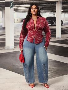 Slaydiva Plus Size Women's Outdoor All-Season Button Decor Side Slit Blue Denim Jeans - Medium Wash - View 6