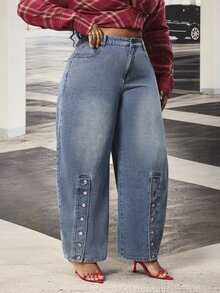 Slaydiva Plus Size Women's Outdoor All-Season Button Decor Side Slit Blue Denim Jeans - Medium Wash - View 3