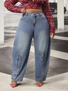 Slaydiva Plus Size Women's Outdoor All-Season Button Decor Side Slit Blue Denim Jeans - Medium Wash - View 4