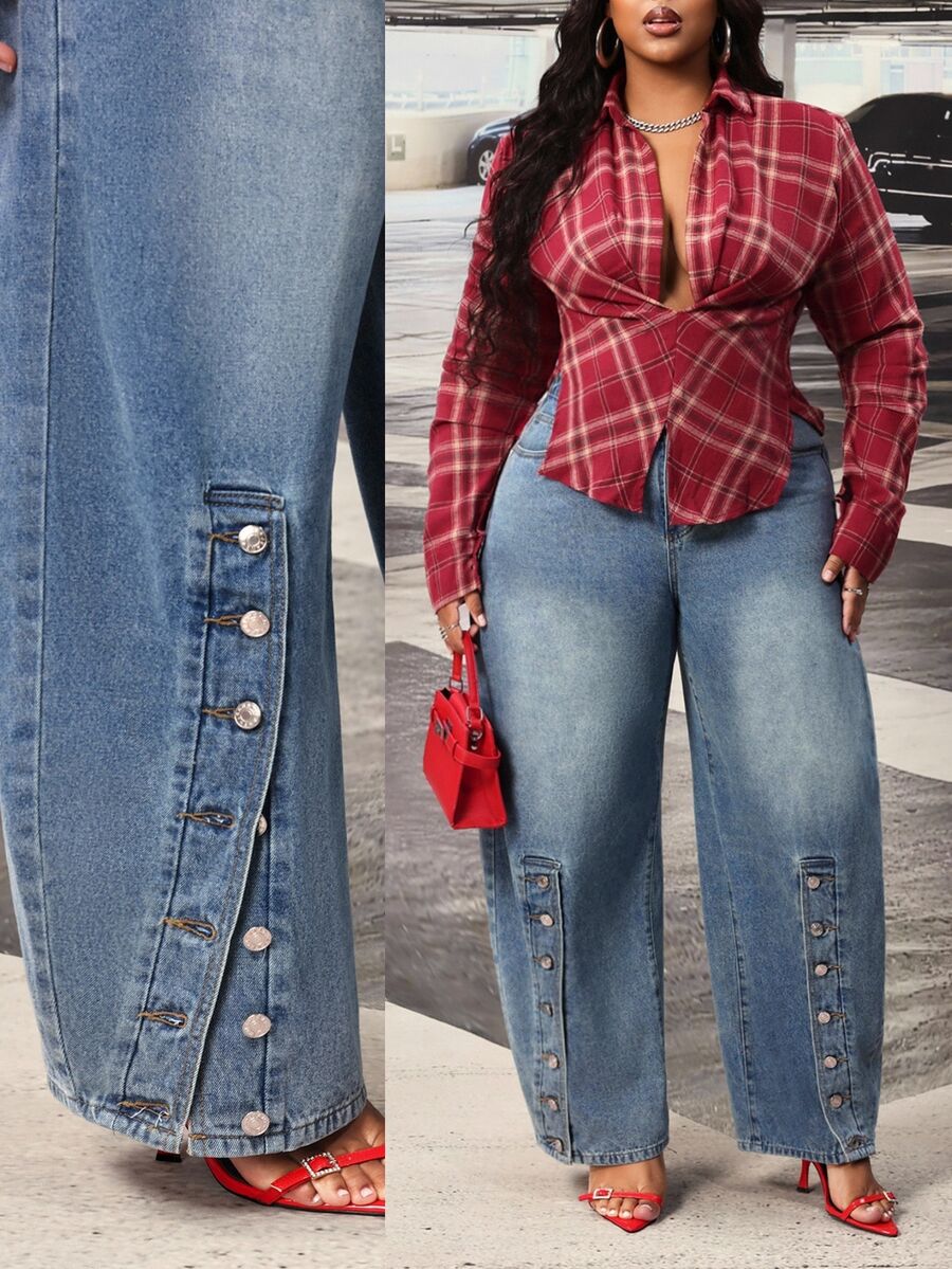 Slaydiva Plus Size Women's Outdoor All-Season Button Decor Side Slit Blue Denim Jeans - Medium Wash - View 1