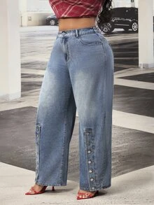 Slaydiva Plus Size Women's Outdoor All-Season Button Decor Side Slit Blue Denim Jeans - Medium Wash - View 5